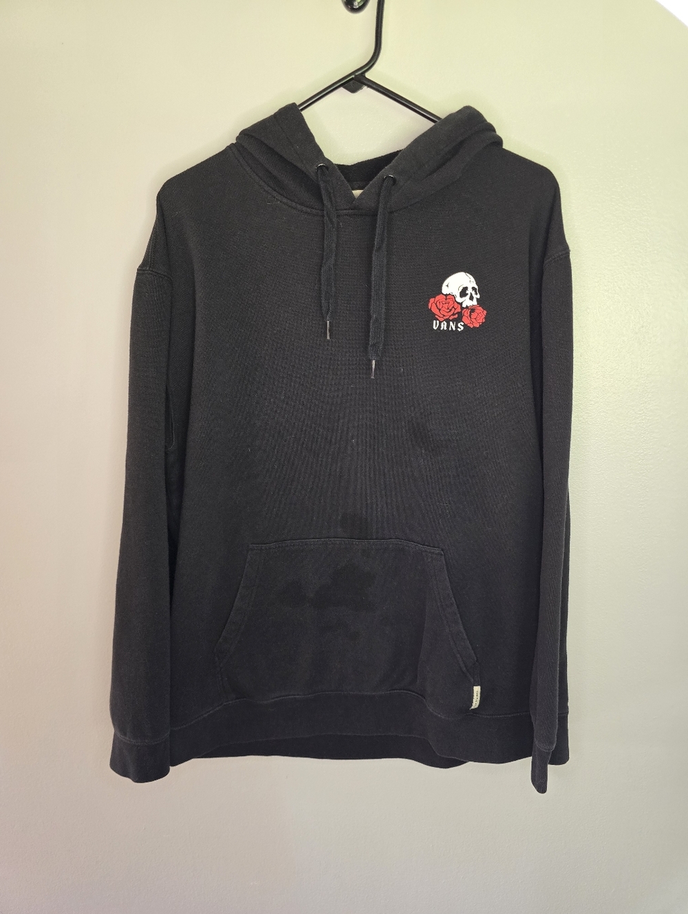 Vans Black Hoodie with Skull and Red Rose Chest Graphic